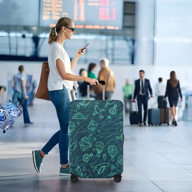 Protector de Maleta verde con iconos de viaje