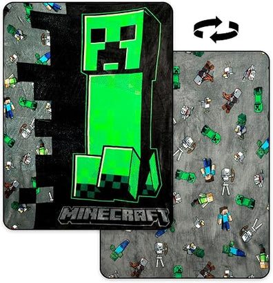 Manta Minecraft Personajes y Creeper Gris y Verde reversible