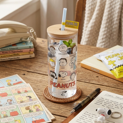 Vaso de vidrio con carrizo Snoopy