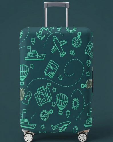 Protector de Maleta verde con iconos de viaje